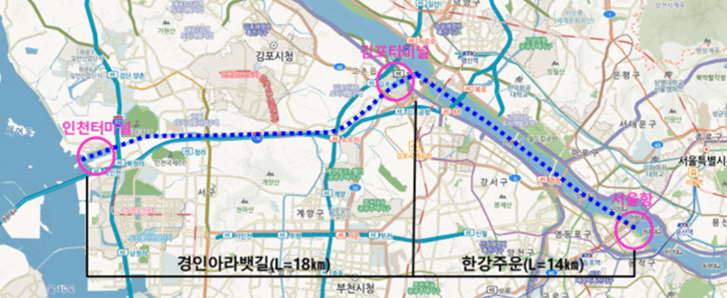 서울항~인천터미널 운항 노선도
