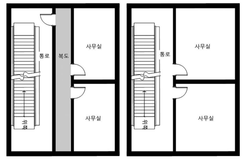 일방향 계단의 직통계단 인정 여부: 직통계단(왼쪽), 직통계단 아님(오른쪽) 