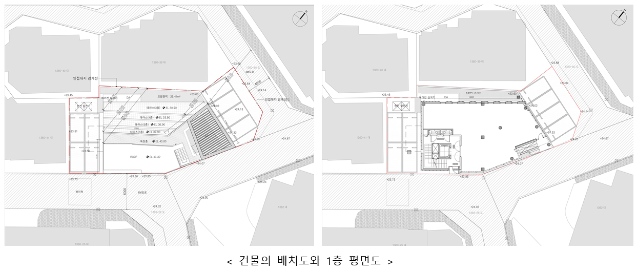 건물의 배치도와 1층 평면도